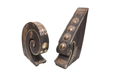 Lot 75 - TWO INDIAN WOODEN ARCHITECTURAL DECORATIVE ELEMENTS WITH BRASS MOUNTS