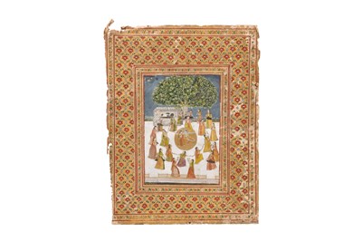 Lot 70 - A KRISHNA RASLILA ILLUSTRATION: KRISHNA AND RADHA DANCING TOGETHER WITH THE GOPIS