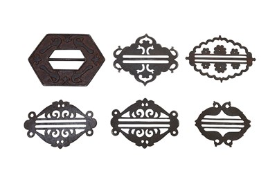 Lot 50 - SIX INDIAN OPENWORK STEEL BUCKLES WITH PEACOCKS AND FLORAL MOTIFS