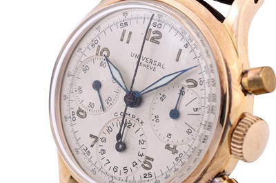 Lot 46 - A MEN'S UNIVERSAL GENEVE 14K YELLOW GOLD MANUAL CHRONOGRAPH WRISTWATCH.