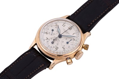Lot 46 - A MEN'S UNIVERSAL GENEVE 14K YELLOW GOLD MANUAL CHRONOGRAPH WRISTWATCH.