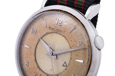 Lot 63 - A MEN'S JAEGER-LECOULTRE STAINLESS STEEL ALARM MANUAL WRISTWATCH.