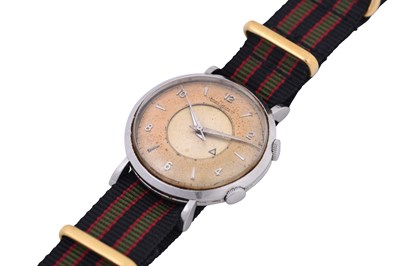 Lot 63 - A MEN'S JAEGER-LECOULTRE STAINLESS STEEL ALARM MANUAL WRISTWATCH.
