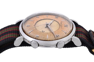 Lot 63 - A MEN'S JAEGER-LECOULTRE STAINLESS STEEL ALARM MANUAL WRISTWATCH.