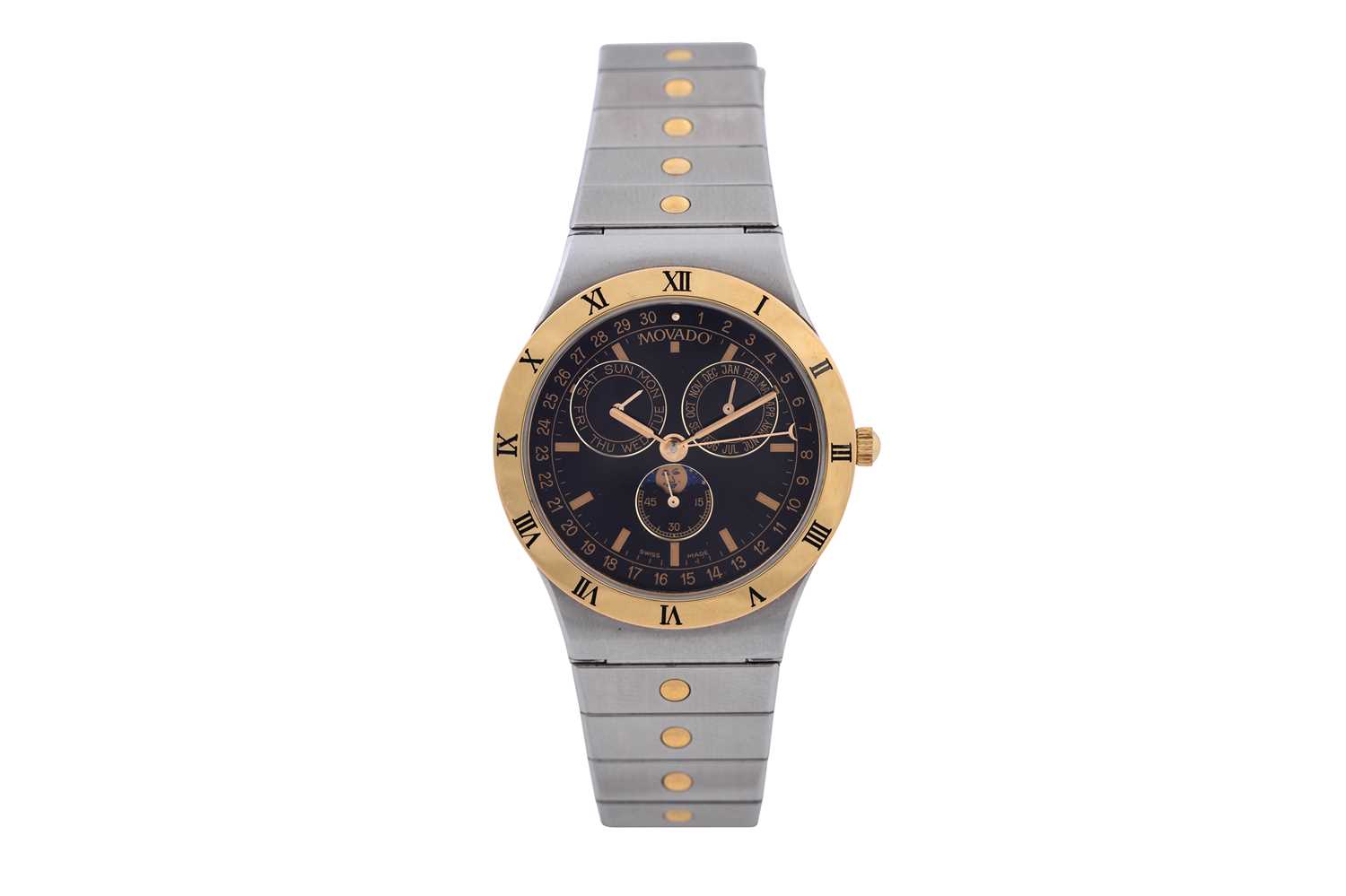 Lot 9 - A UNISEX MOVADO STAINLESS STEEL AND 18K YELLOW GOLD QUARTZ BRACELET WATCH