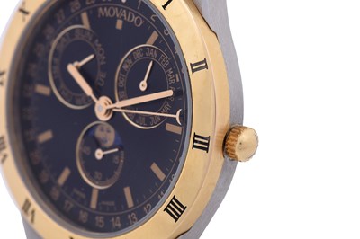Lot 9 - A UNISEX MOVADO STAINLESS STEEL AND 18K YELLOW GOLD QUARTZ BRACELET WATCH