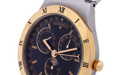 Lot 9 - A UNISEX MOVADO STAINLESS STEEL AND 18K YELLOW GOLD QUARTZ BRACELET WATCH