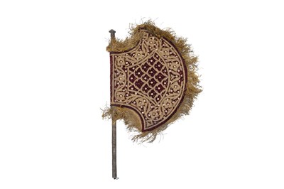 Lot 42 - AN INDIAN METAL THREAD-EMBROIDERED PLUM VELVET FAN