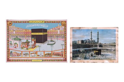 Lot 147 - HAJJ MEMORABILIA: A CHROMOLITHOGRAPHED HAJJ CERTIFICATE AND A COLOURED PRINT OF KA’BA