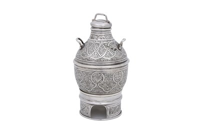 Lot 41 - AN ENGRAVED AND HALLMARKED EGYPTIAN SILVER INCENSE BURNER WITH BASE