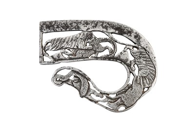 Lot 102 - AN OPENWORK STEEL INDIAN FLINT STRIKER WITH HUNTING ANIMALS