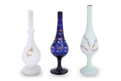 Lot 404 - THREE POLYCHROME-PAINTED BEYKOZ GLASS ROSEWATER SPRINKLERS