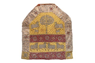 Lot 65 - A DECORATIVE PATCHWORK OF INDIAN PICHHWAI HANGING SECTIONS WITH COWS AND FLOWERS