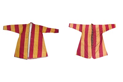 Lot 88 - A NEAR PAIR OF STRIPED SILK UZBEK MEN'S KAFTANS (CHAPAN)