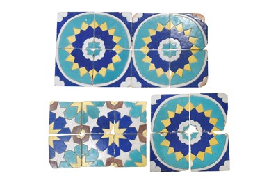 Lot 143 - TWO PANELS OF POLYCHROME CUERDA SECA POTTERY TILES WITH GEOMETRIC STAR MOTIFS