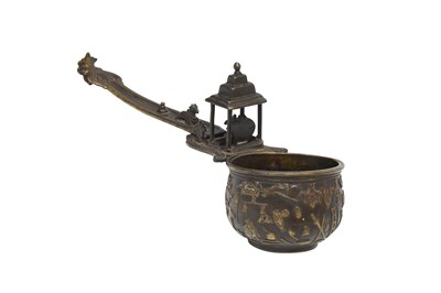 Lot 58 - A CAST BRONZE HINDU CEREMONIAL LADLE WITH SHAIVA DEITIES AND AUSPICIOUS SYMBOLS