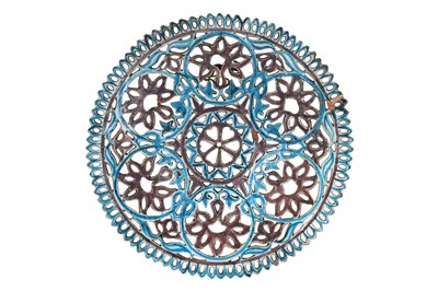 Lot 139 - A LARGE PURPLE AND TURQUOISE-PAINTED PIERCED POTTERY DISH WITH LOTUS FLOWERS