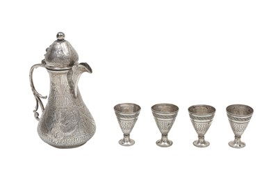 Lot 241 - A CHASED EGYPTIAN SILVER COFFEE POT AND FOUR ENGRAVED SILVER ZARF CUPS