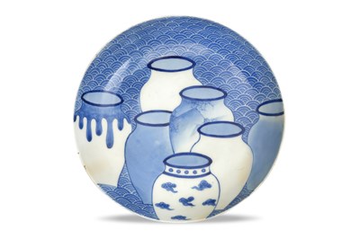 Lot 117 - A JAPANESE BLUE AND WHITE NABESHIMA 'SEVEN WINE JARS' DISH
