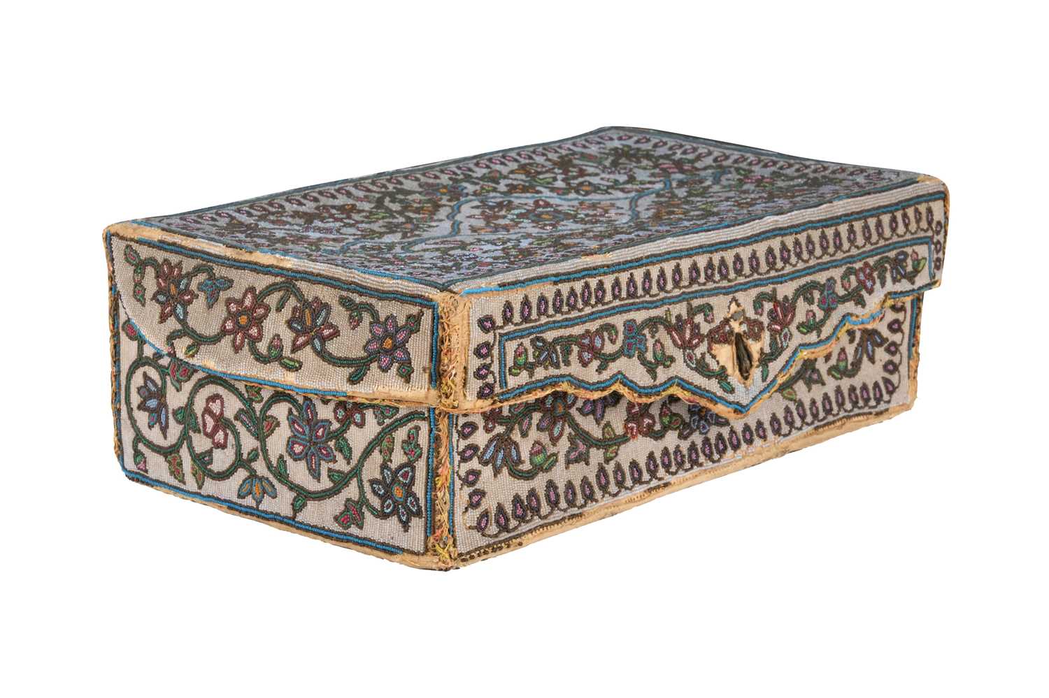 Lot 67 - A QAJAR POLYCHROME GLASS BEADWORK QUR’AN BOX WITH FLOWERING SPRAYS
