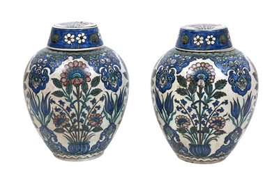 Lot 264 - A PAIR OF FRENCH SAMSON OTTOMAN DAMASCUS-STYLE POTTERY LIDDED VASES