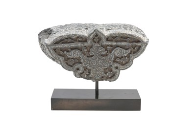 Lot 232 - A CARVED GREY SCHIST DECORATIVE PANEL WITH ARABESQUE AND FLOWERS