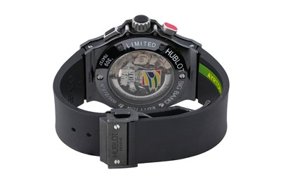 Lot 49 - A MEN'S LIMITED EDITION HUBLOT BLACK CERAMIC AUTOMATIC CHRONOGRAPH WITH POWER RESERVE WRISTWATCH