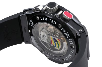 Lot 49 - A MEN'S LIMITED EDITION HUBLOT BLACK CERAMIC AUTOMATIC CHRONOGRAPH WITH POWER RESERVE WRISTWATCH