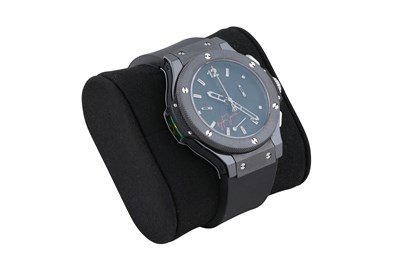 Lot 49 - A MEN'S LIMITED EDITION HUBLOT BLACK CERAMIC AUTOMATIC CHRONOGRAPH WITH POWER RESERVE WRISTWATCH