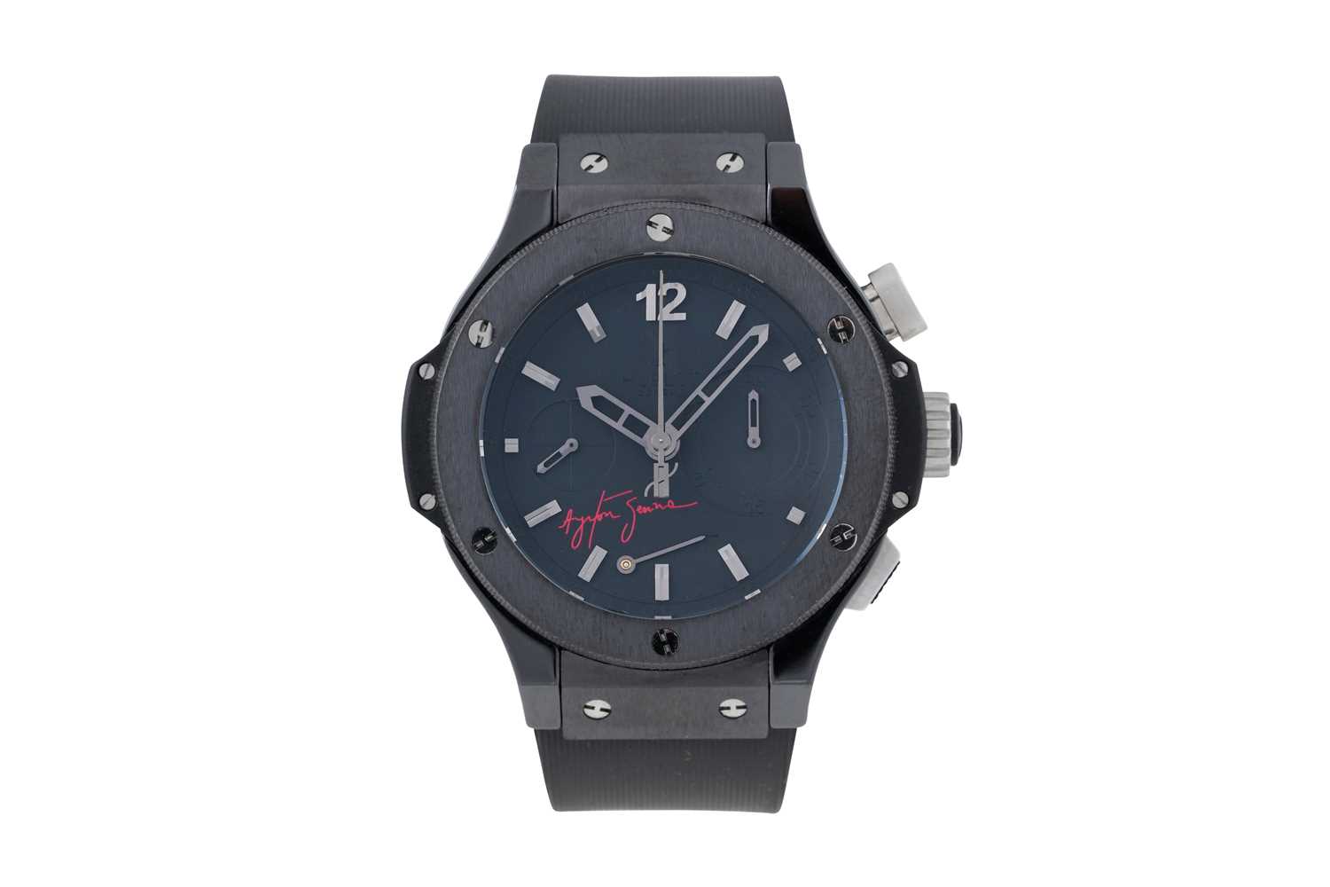 Lot 49 - A MEN'S LIMITED EDITION HUBLOT BLACK CERAMIC AUTOMATIC CHRONOGRAPH WITH POWER RESERVE WRISTWATCH