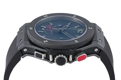 Lot 49 - A MEN'S LIMITED EDITION HUBLOT BLACK CERAMIC AUTOMATIC CHRONOGRAPH WITH POWER RESERVE WRISTWATCH