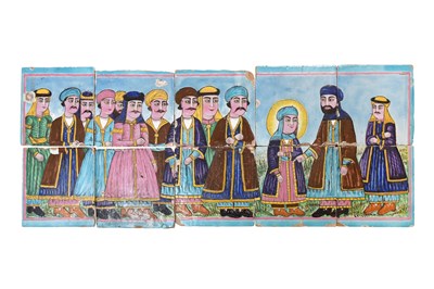 Lot 208 - A LARGE QAJAR FIGURAL POTTERY TILE PANEL WITH THE PROPHET YUSUF AND HIS BROTHERS
