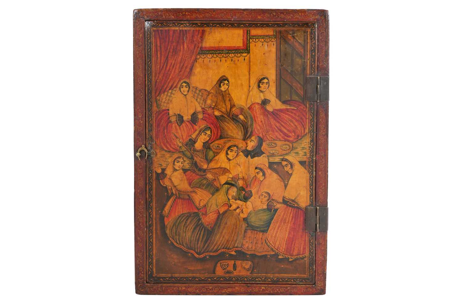 Lot 98 - A QAJAR LACQUERED PAPIER-MÂCHÉ MIRROR CASE WITH ZAYMAN AND KHITAN CEREMONIES