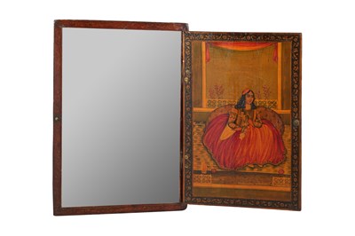 Lot 98 - A QAJAR LACQUERED PAPIER-MÂCHÉ MIRROR CASE WITH ZAYMAN AND KHITAN CEREMONIES