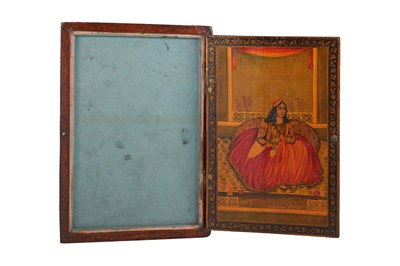 Lot 98 - A QAJAR LACQUERED PAPIER-MÂCHÉ MIRROR CASE WITH ZAYMAN AND KHITAN CEREMONIES