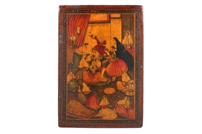 Lot 98 - A QAJAR LACQUERED PAPIER-MÂCHÉ MIRROR CASE WITH ZAYMAN AND KHITAN CEREMONIES