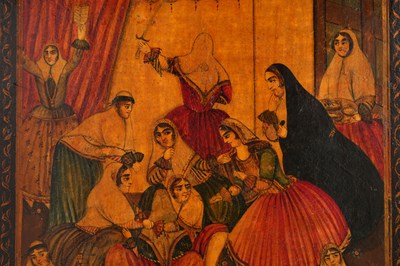 Lot 98 - A QAJAR LACQUERED PAPIER-MÂCHÉ MIRROR CASE WITH ZAYMAN AND KHITAN CEREMONIES