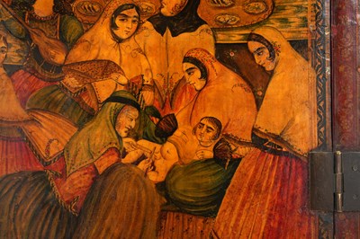 Lot 98 - A QAJAR LACQUERED PAPIER-MÂCHÉ MIRROR CASE WITH ZAYMAN AND KHITAN CEREMONIES