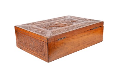 Lot 166 - A CARVED IRANIAN FRUITWOOD BOX WITH NASIR AL-DIN SHAH’S PORTRAIT