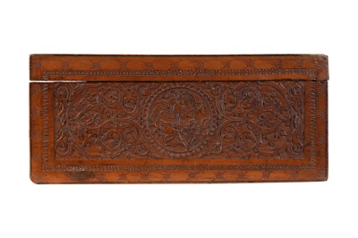 Lot 166 - A CARVED IRANIAN FRUITWOOD BOX WITH NASIR AL-DIN SHAH’S PORTRAIT
