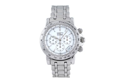 Lot 40 - A MEN'S ZENITH STAINLESS STEEL AUTOMATIC CHRONOGRAPH BRACELET WATCH.