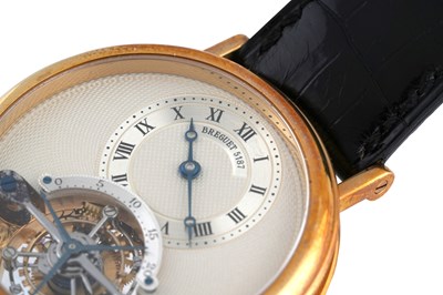Lot 8 - A RARE MEN'S BREGUET 18K YELLOW GOLD TOURBILLON WRISTWATCH