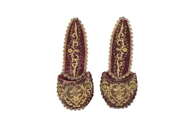 Lot 276 - A PAIR OF EMBROIDERED PURPLE VELVET WALL HANGINGS