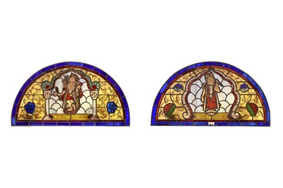 Lot 2 - TWO STAINED GLASS WINDOWS WITH HINDU DEITIES ON GOLDEN LOTUS PEDESTALS