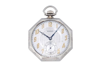 Lot 71 - AN ART DECO 14K WHITE GOLD OPEN FACE POCKET WATCH