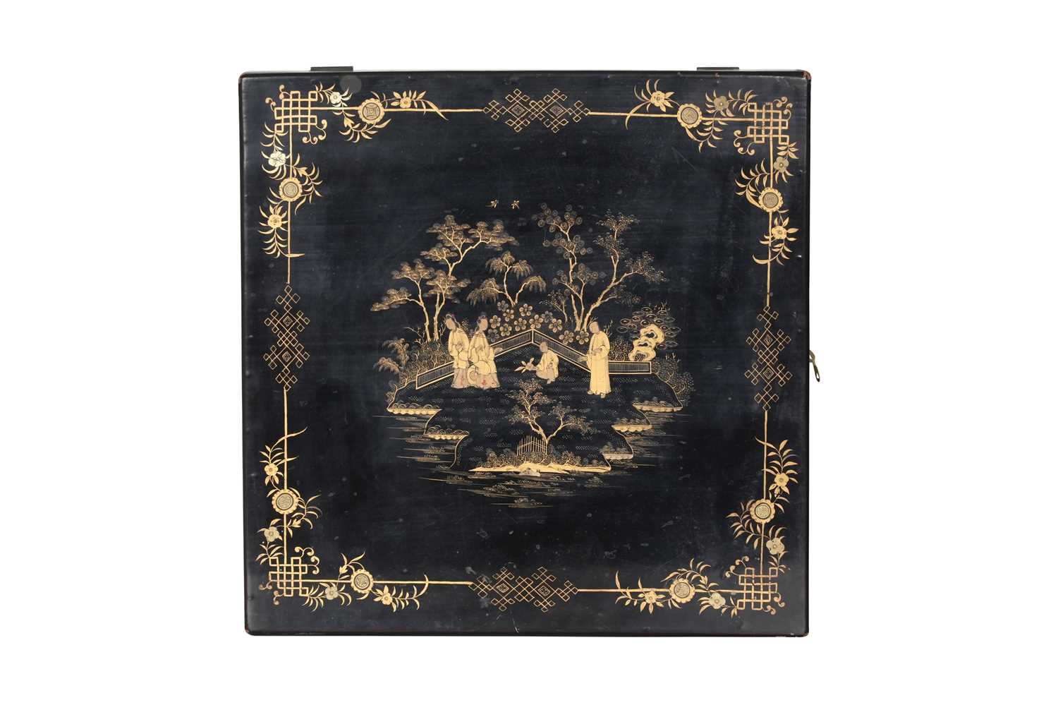 Lot 64 - A CHINESE CANTON EMBROIDERED SILK SHAWL IN A LACQUER BOX