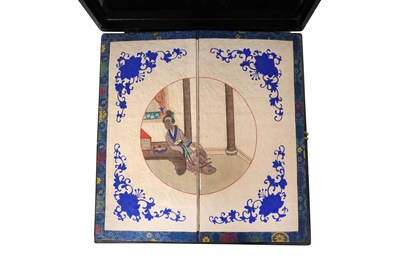 Lot 64 - A CHINESE CANTON EMBROIDERED SILK SHAWL IN A LACQUER BOX