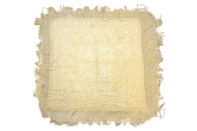 Lot 64 - A CHINESE CANTON EMBROIDERED SILK SHAWL IN A LACQUER BOX