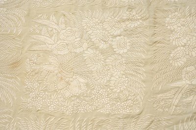 Lot 64 - A CHINESE CANTON EMBROIDERED SILK SHAWL IN A LACQUER BOX