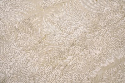 Lot 64 - A CHINESE CANTON EMBROIDERED SILK SHAWL IN A LACQUER BOX